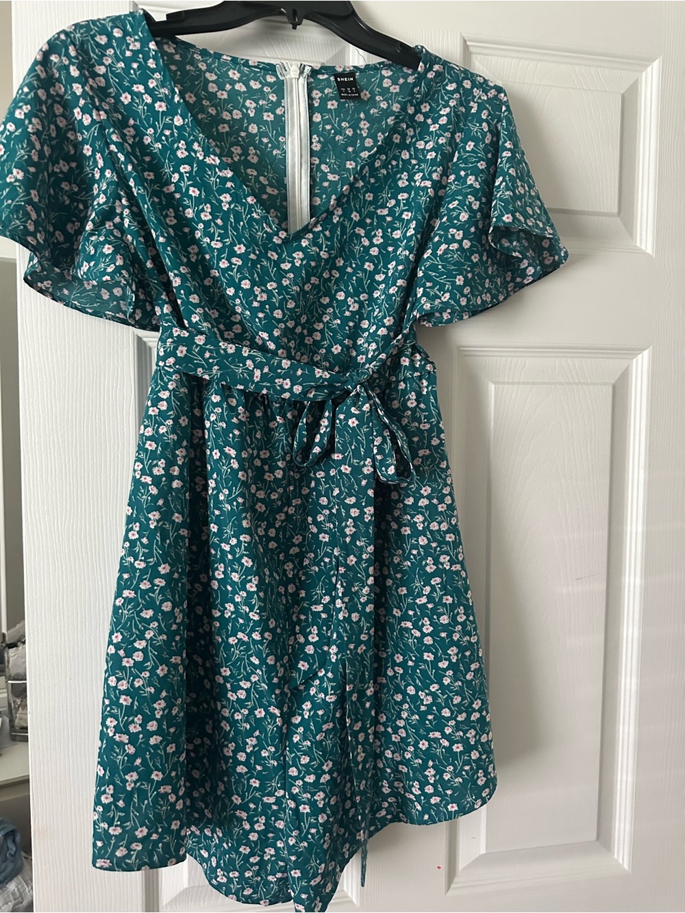 Maternity Floral V-Neck Belted Romper- Teal